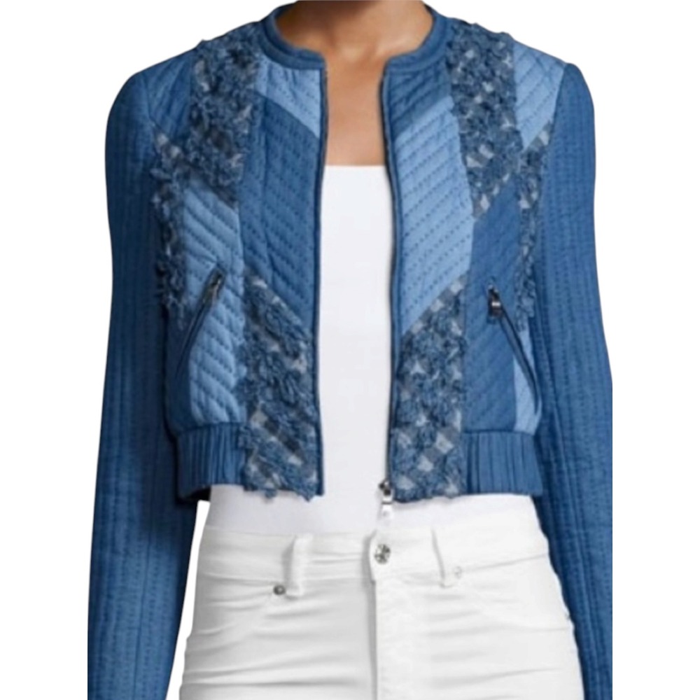 Rebecca Taylor Patchwork Chambray Quilted Bomber Jacket Women Small Blue‎ Boho